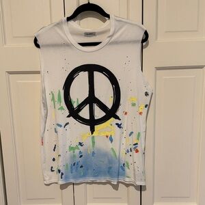 Lauren Moshi White Muscle Tee with Black Peace Sign and Colorful Splashes